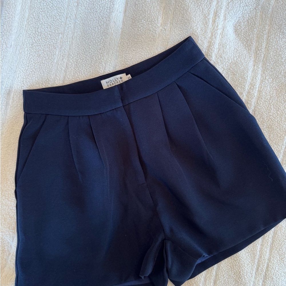 Molly Bracken Navy Pleated High-Waist Shorts
